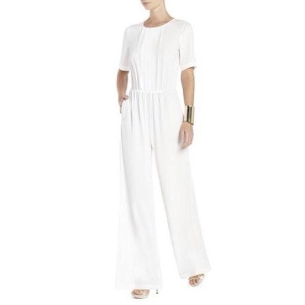 BCBGMaxazria White Short Sleeve Wide Leg Open Back One Piece Jumpsuit Size S